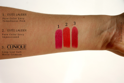 Swatches Clinique Long Last Soft Matte Crimson & Estée Lauder Pure Color Envy Impassioned & Tumultuous Pink
