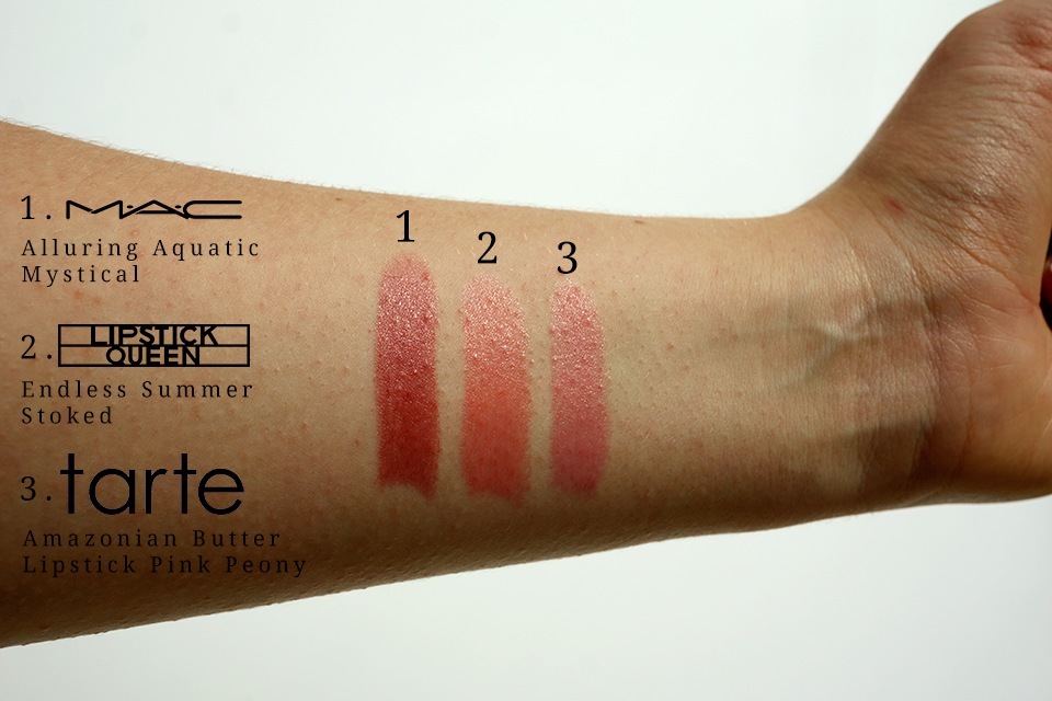 Swatches: Mac Alluring Aquatic/ Lipstick Queen Endless Summer / Tarte Amazonian Butter