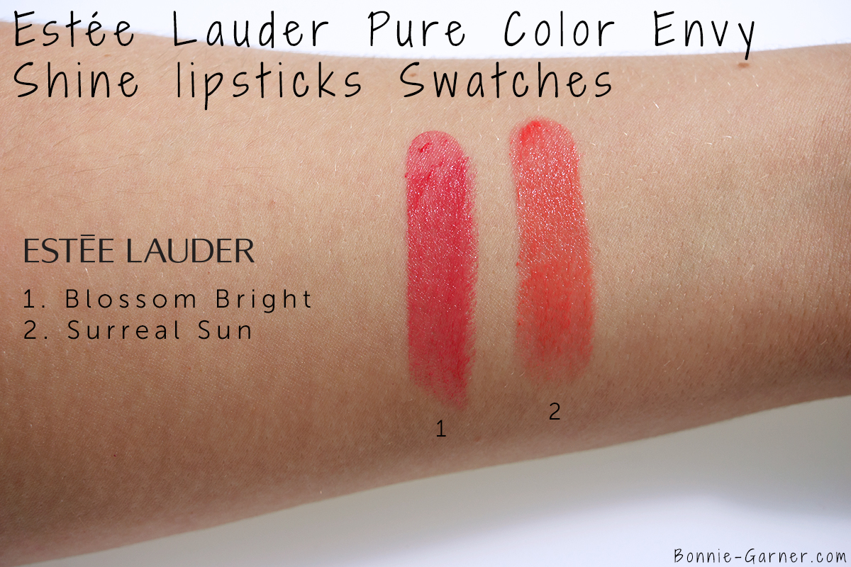 Estée Lauder Pure Color Envy lipstick Shine Surreal Sun Blossom Bright swatches