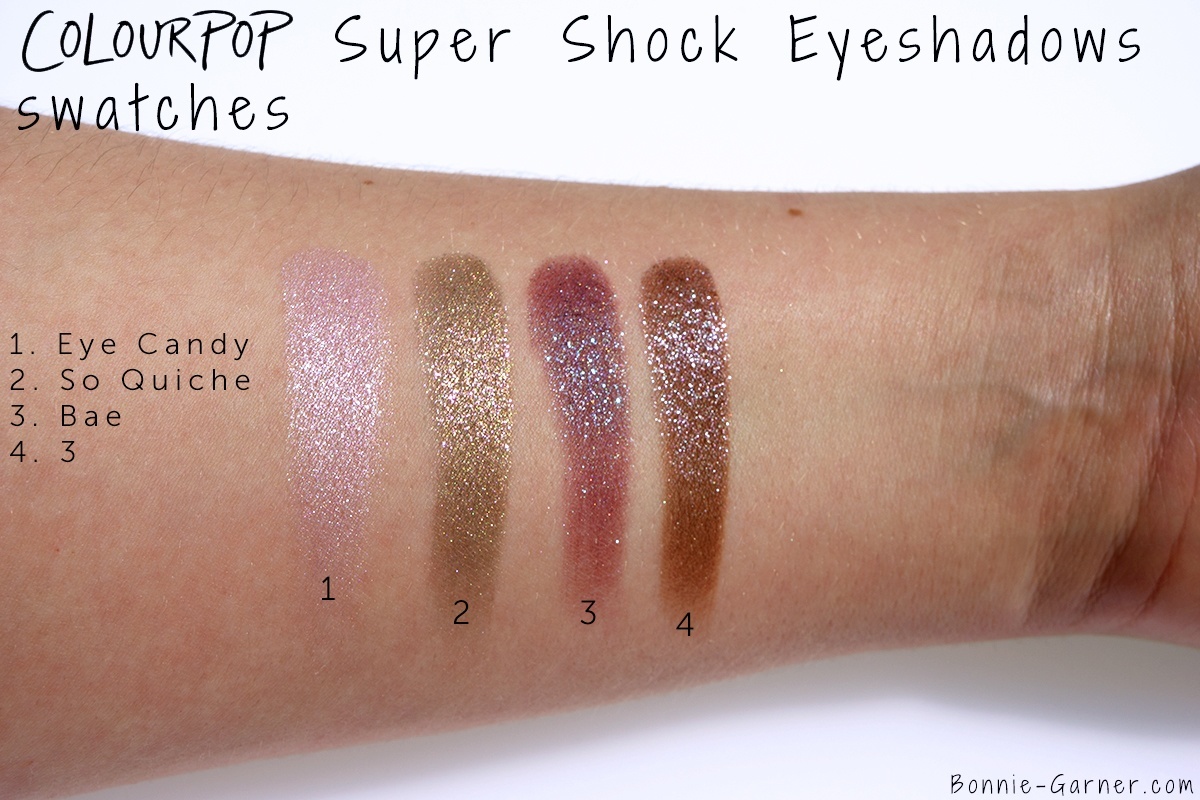 ColourPop Super Shock Eyeshadows 3, So Quiche, Bae, Eye Candy swatches