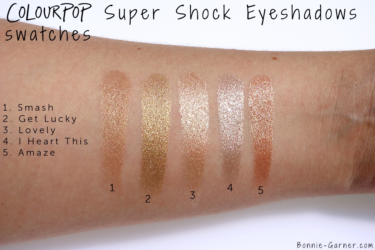 ColourPop Super Shock Eyeshadows Get Lucky, I Heart This, Lovely, Smash, Amaze swatches