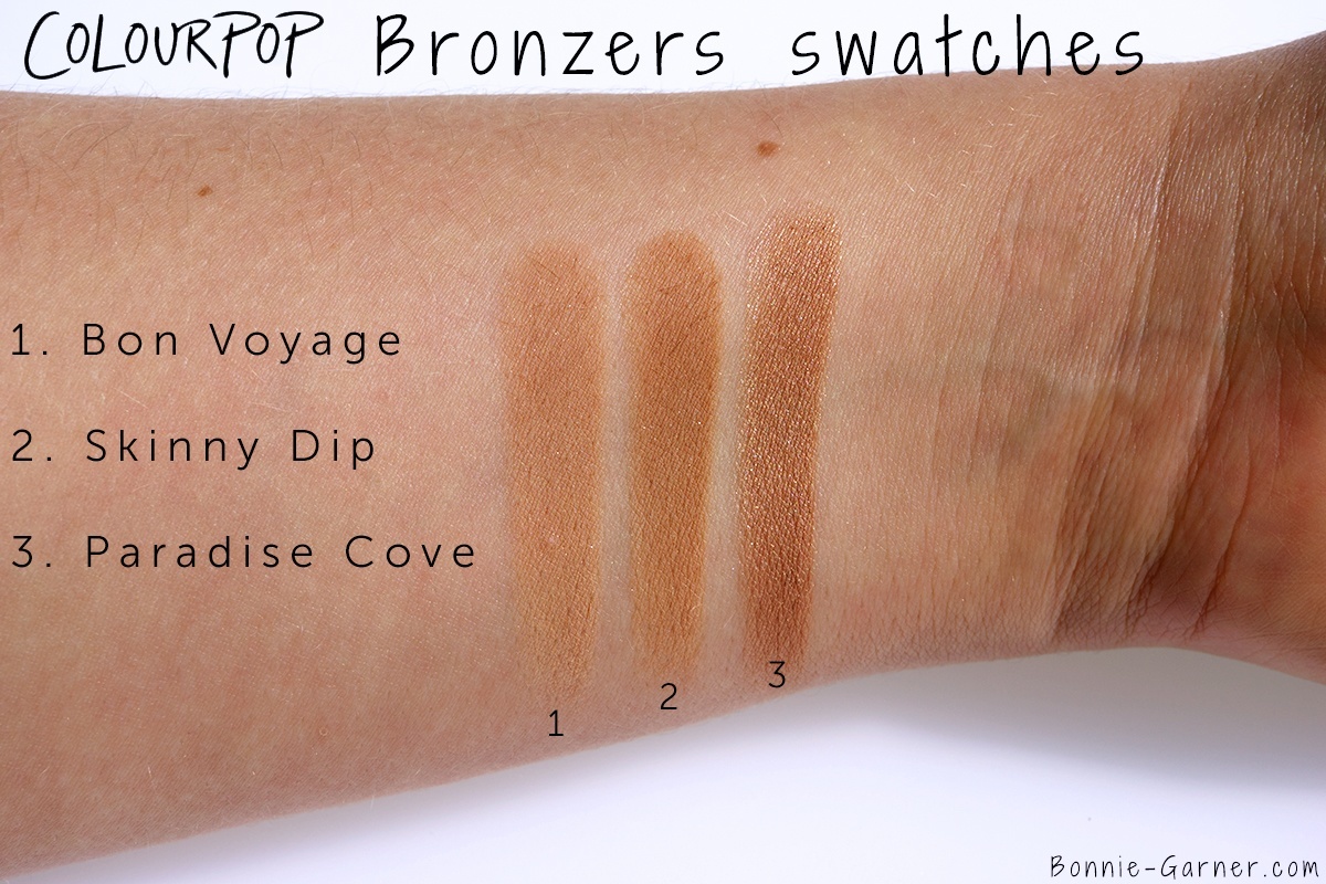 ColourPop Bronzers Bon Voyage, Skinny Dip, Paradise Cove swatches
