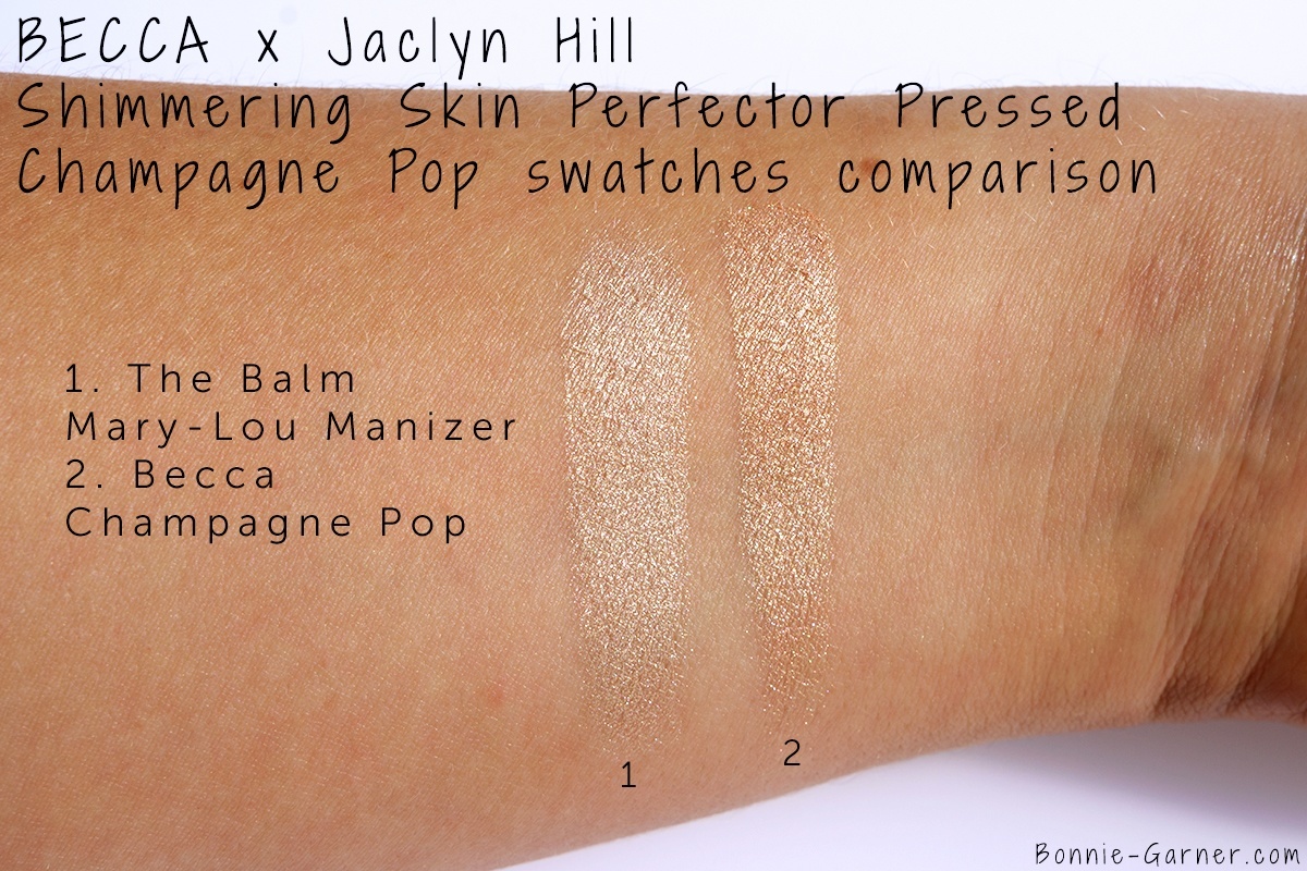 Becca x Jaclyn Hill Shimmering Skin Perfector Pressed Champagne Pop The Balm Mary-Lou Manizer swatch comparison