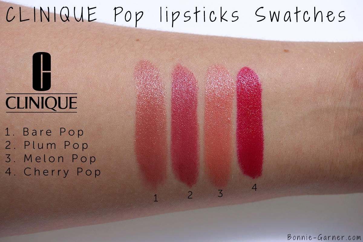 Clinique Pop Lipstick Bare Pop, Melon Pop, Plum Pop, Cherry Pop swatches