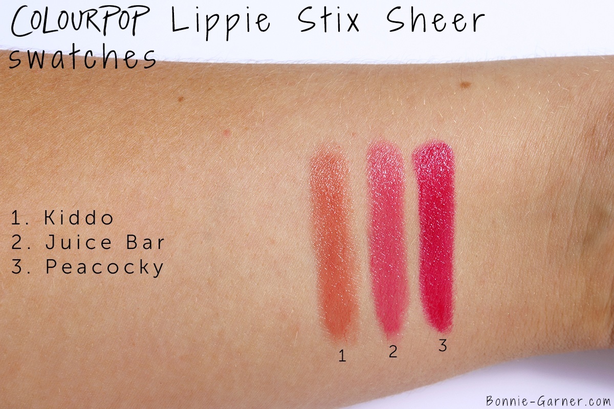 ColourPop Lippie Stix Sheer Kiddo, Juice Bar, Peacocky swatches