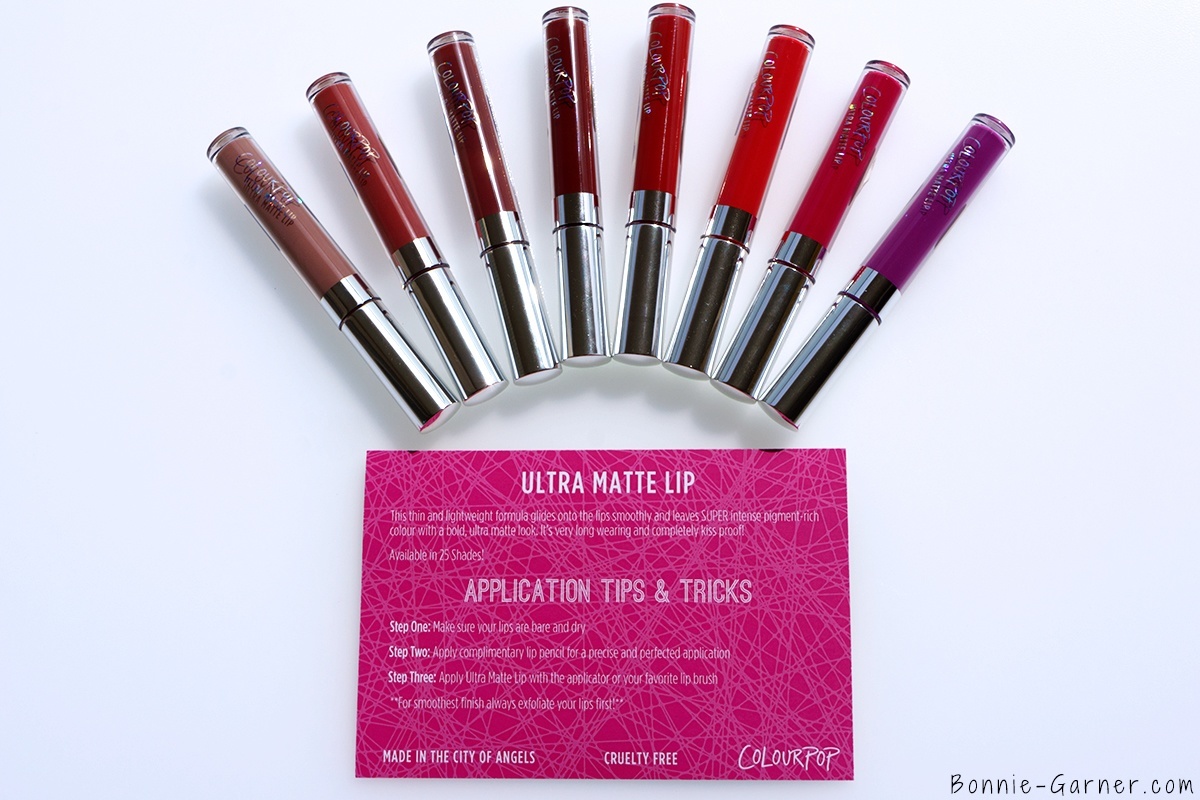 ColourPop Ultra Matte Lip Trap Bumble Tulle Avenue Succulent Creeper Mars Lychee application tips