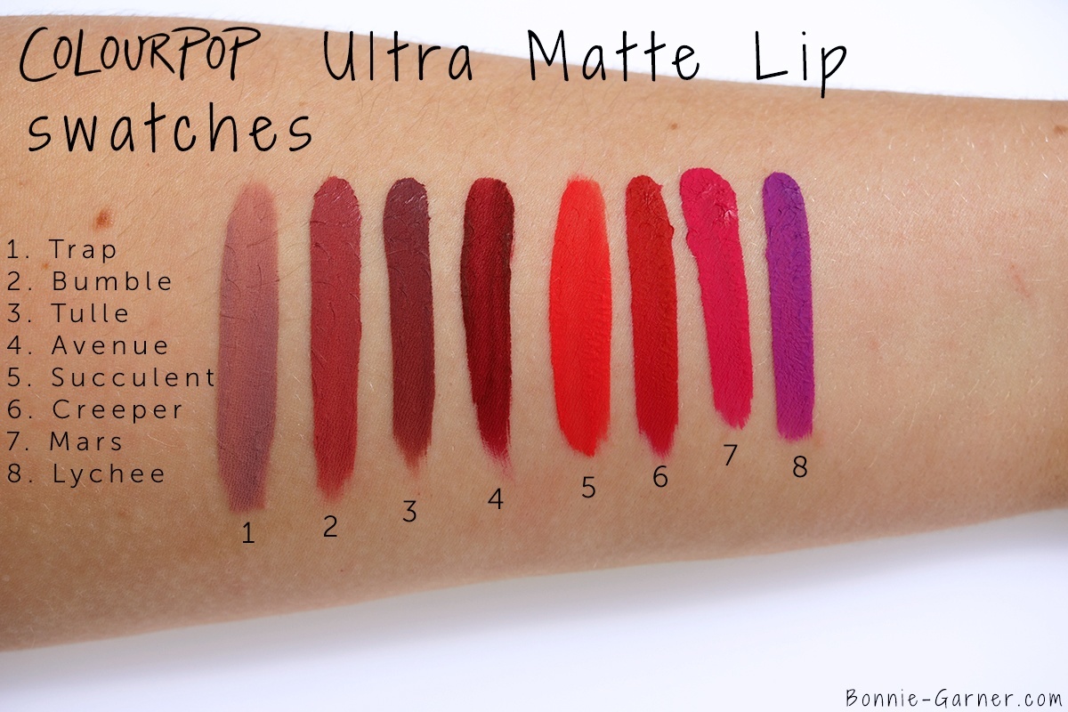 ColourPop Ultra Matte Lip Trap Bumble Tulle Avenue Succulent Creeper Mars Lychee swatchs