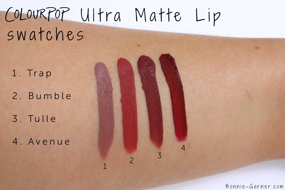 ColourPop Ultra Matte Lip Trap Bumble Tulle Avenue swatchs