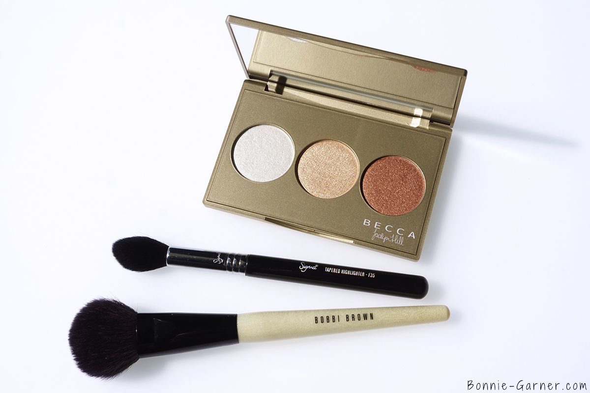 BECCA Shimmering Skin Perfector Pressed Champagne Glow palette, Sigma F35, Bobbi Brown Blush Brush