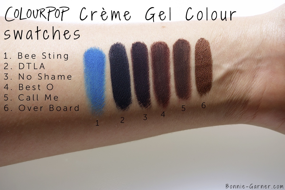 Colourpop Creme Gel Colour Best O, No Shame, Over Board, Bee Sting, Call Me, DTLA swatches