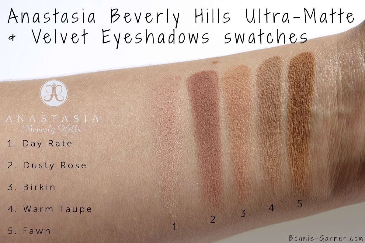 Anastasia Beverly Hills Eyeshadows: Day Rate, Dusty Rose, Birkin, Warm Taupe, Fawn swatches