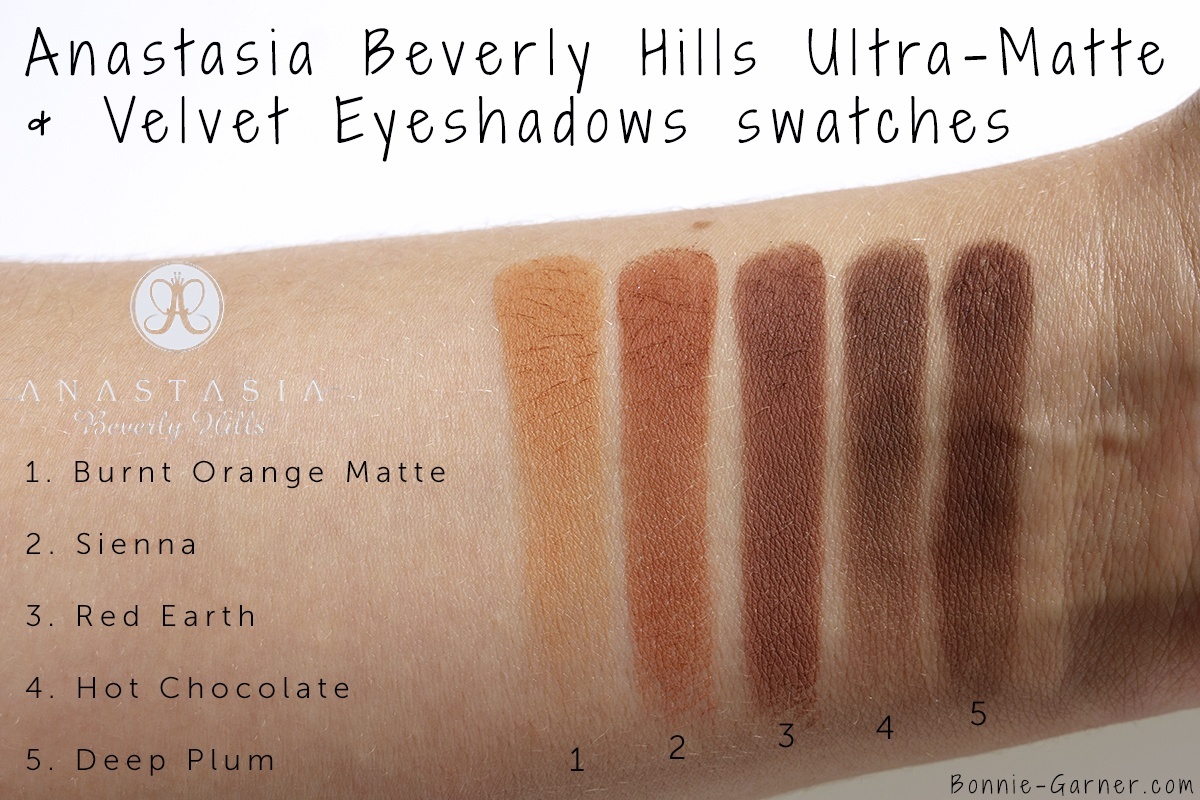 Anastasia Beverly Hills Eyeshadows: Burnt Orange Matte, Sienna, Red Earth, Hot Chocolate, Deep Plum swatches