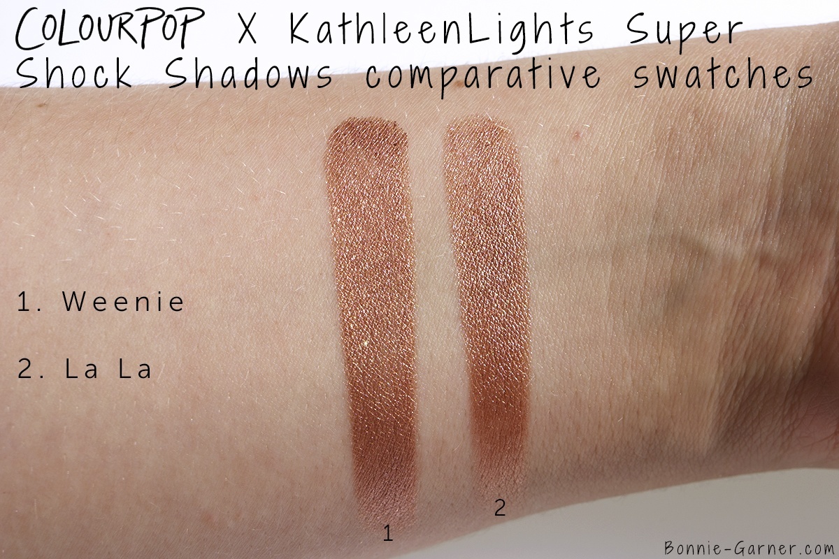 ColourPop X KathleenLights Where The Night Is: Weenie VS La La Super Shock Shadows comparative swatches