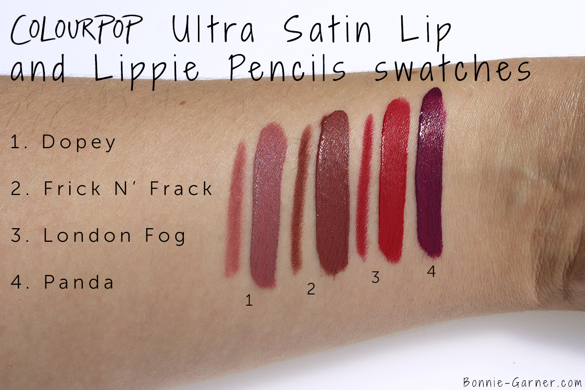 ColourPop Ultra Satin Lips Dopey, Frick N' Frack, London Fog, Panda swatches