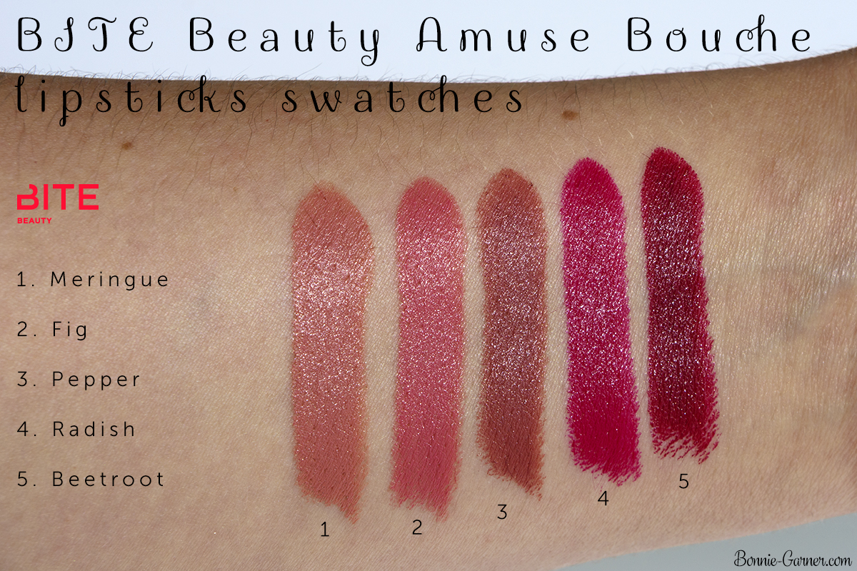 BITE Beauty Amuse Bouche lipsticks Meringue, Fig, Pepper, Radish, Beetroot swatches