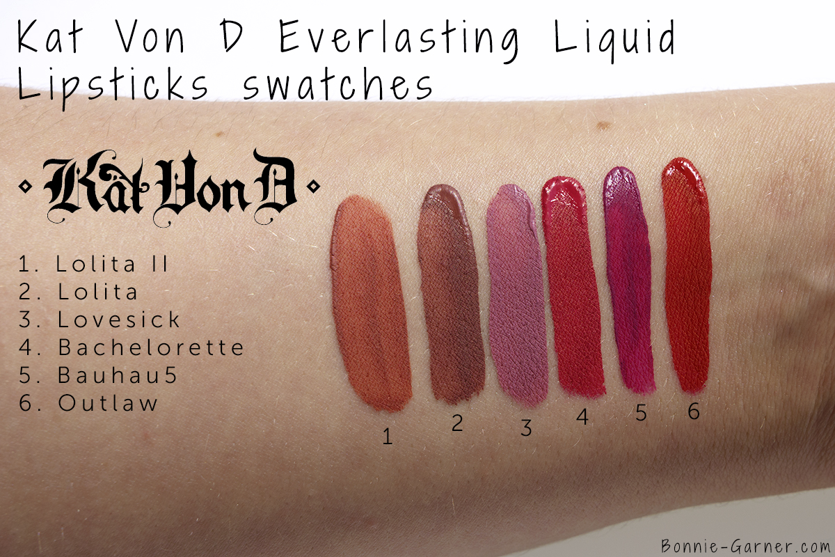 Kat Von D Everlasting liquid lipstick Lolita, Lolita II, Lovesick, Bauhau5, Bachelorette, Outlaw swatches