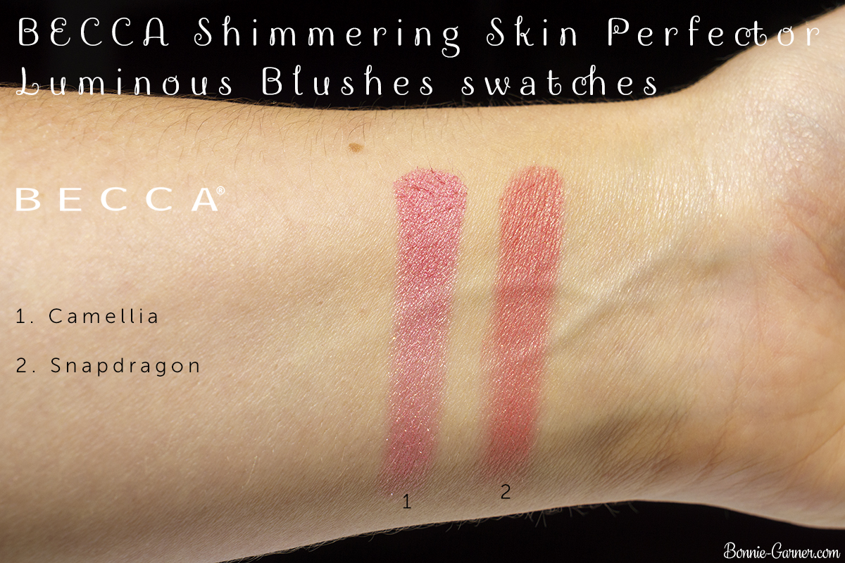 BECCA Shimmering Skin Perfector Luminous Blush Camellia, Snapdragon swatches