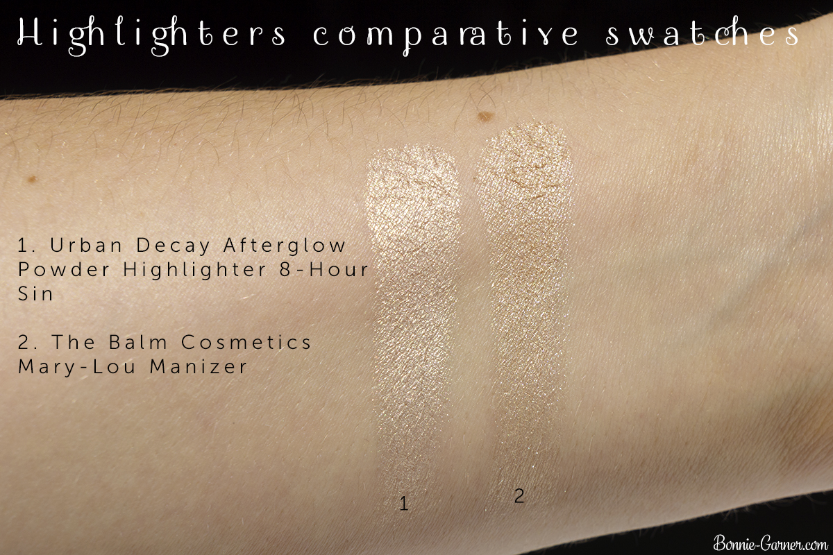 Urban Decay Afterglow Powder Highlighter 8-Hour Sin VS The Balm Cosmetics Mary-Lou Manizer highlighter comparative swatches