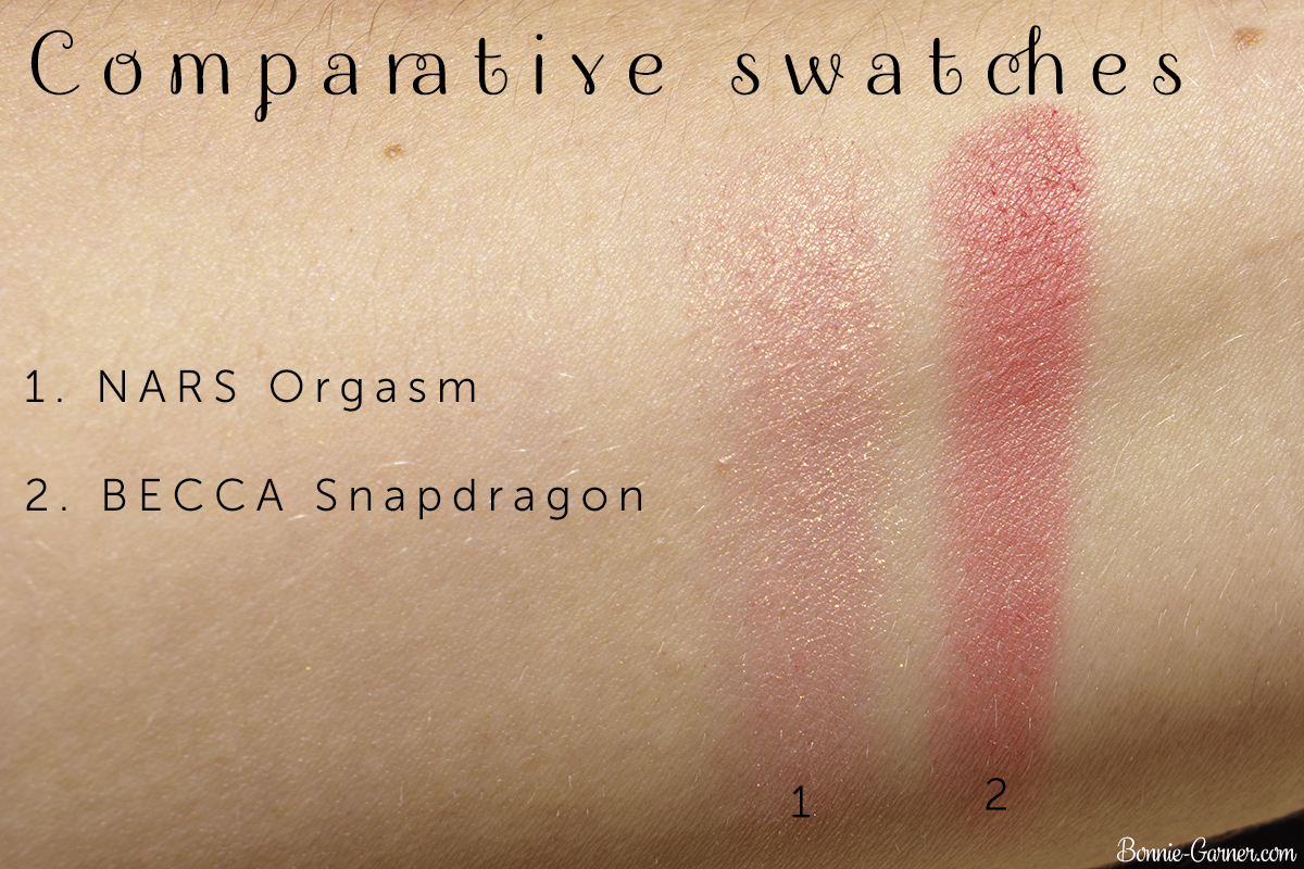BECCA Snapdragon blush VS NARS Orgasm blush comparative swatches