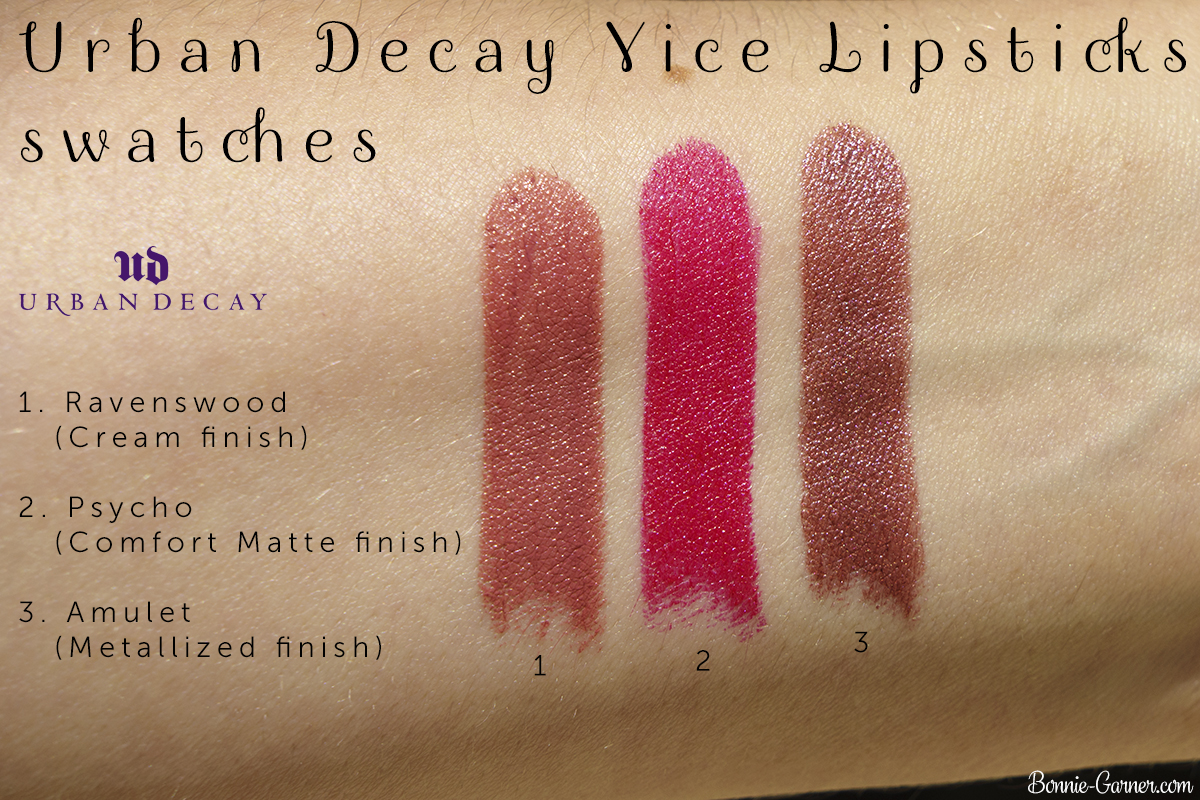 Urban Decay Vice lipsticks Amulet, Ravenswood, Psycho swatches