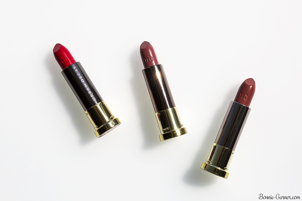 Urban Decay Vice lipsticks Sheer Liar, Backtalk, Tryst swatches