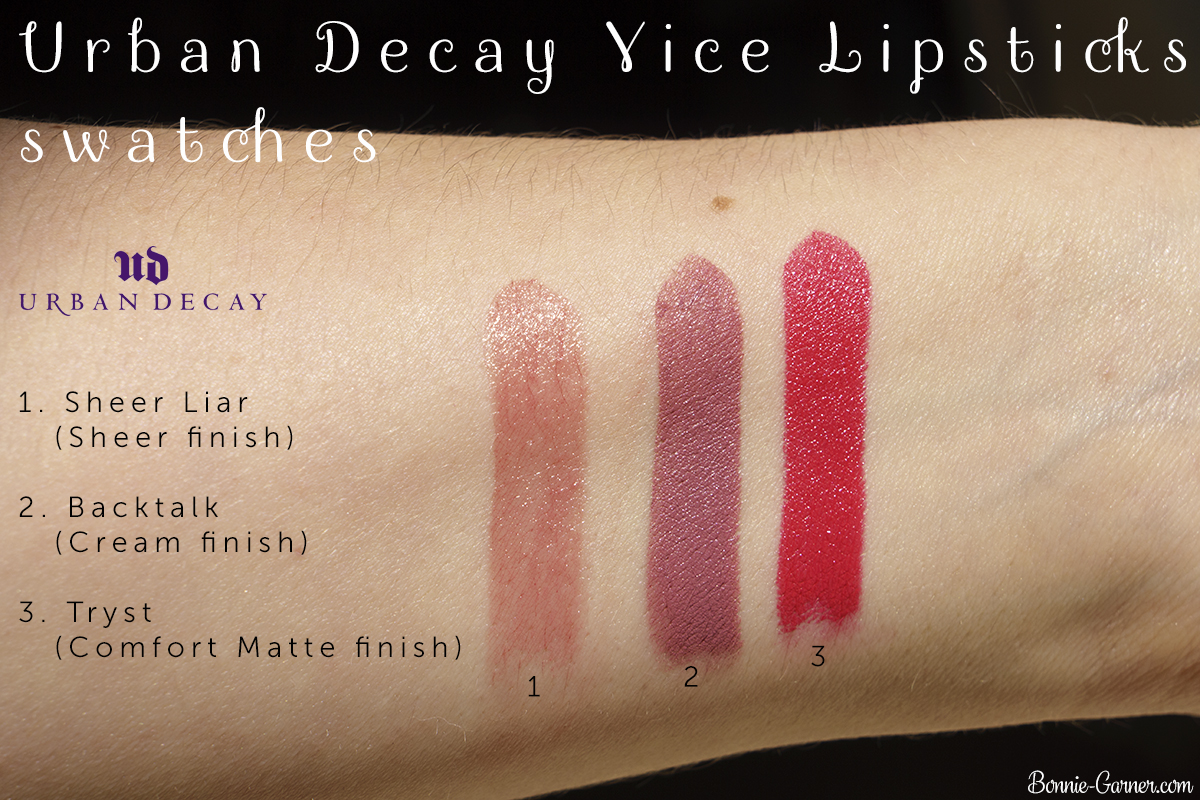 Urban Decay Vice lipsticks Sheer Liar, Backtalk, Tryst swatches