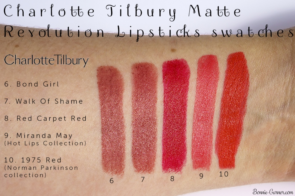 Charlotte Tilbury Hot Lips collection & Matte Revolution lipsticks swatches: Bond Girl, Walk Of Shame, Red Carpet Red, Miranda May, 1975 Red