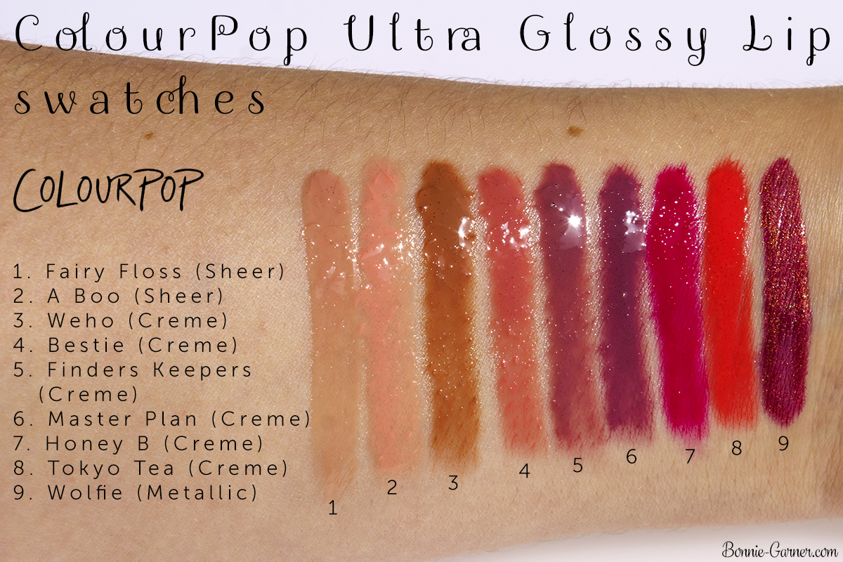 ColourPop Ultra Glossy Lip Fairy Floss, A Boo, Weho, Bestie, Finders Keepers, Master Plan, Honey B, Tokyo Tea, Wolfie swatches