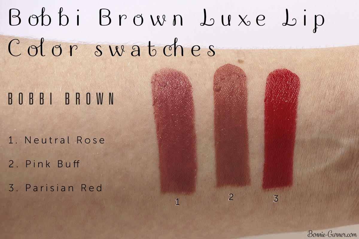 Bobbi Brown Luxe Lip Color lipsticks Neutral Rose, Parisian Red, Pink Buff swatches
