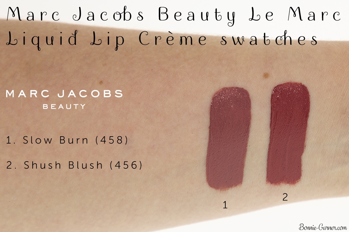 Marc Jacobs Le Marc Liquid Lip Crème Slow Burn, Shush Blush swatches