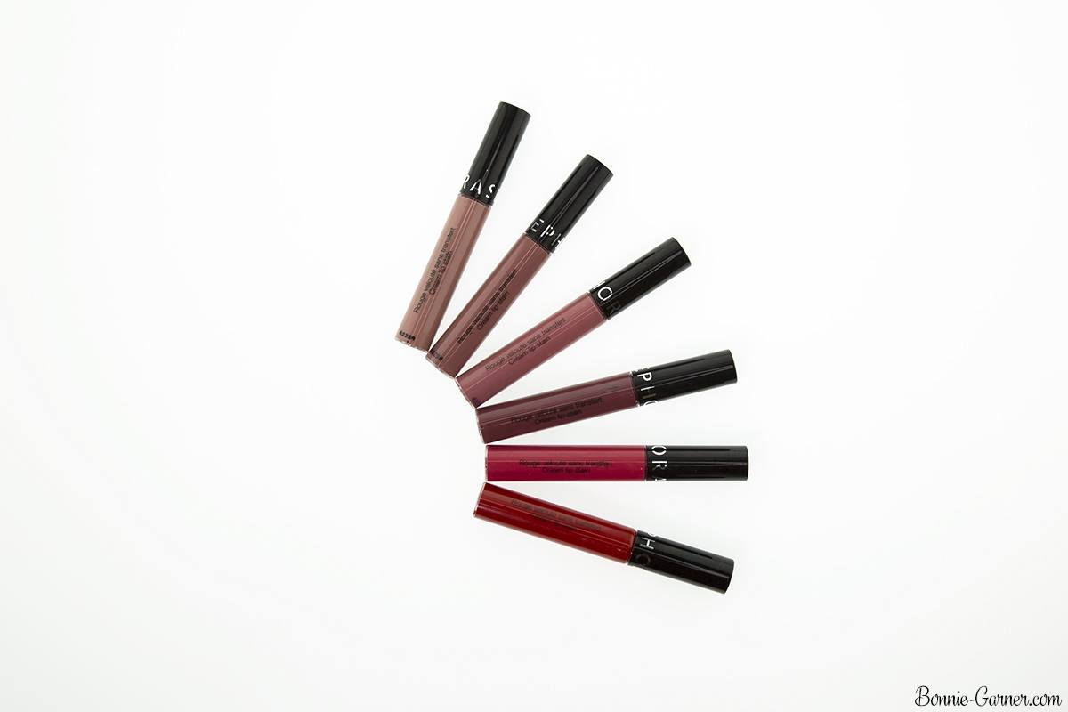 Sephora Cream Lip Stain lipsticks: 01 Always Red, 03 Strawberry Kissed, 24 Burnt Sienna, 23 Marvelous Mauve, 24 Blush Copper, 40 Pink Tea