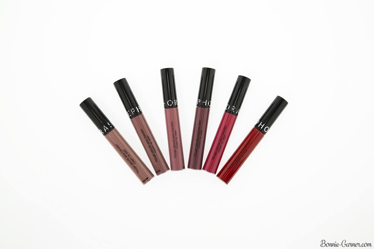 Sephora Cream Lip Stain lipsticks: 01 Always Red, 03 Strawberry Kissed, 24 Burnt Sienna, 23 Marvelous Mauve, 24 Blush Copper, 40 Pink Tea