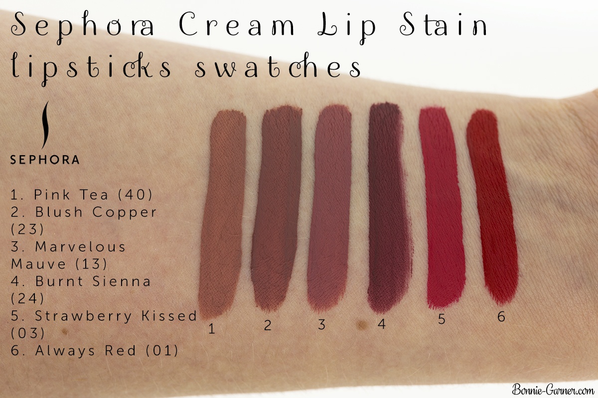 Sephora Cream Lip Stain lipsticks: 01 Always Red, 03 Strawberry Kissed, 24 Burnt Sienna, 23 Marvelous Mauve, 24 Blush Copper, 40 Pink Tea swatches