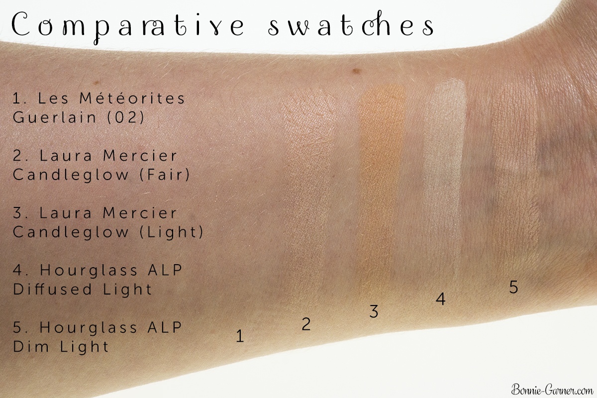 Laura Mercier Candleglow Sheer Perfecting Powder: 01 Fair, 02 Light; Hourglass Ambient Lighting Powder: Diffused Light, Dim Light; Guerlain Les Météorites 02 swatches