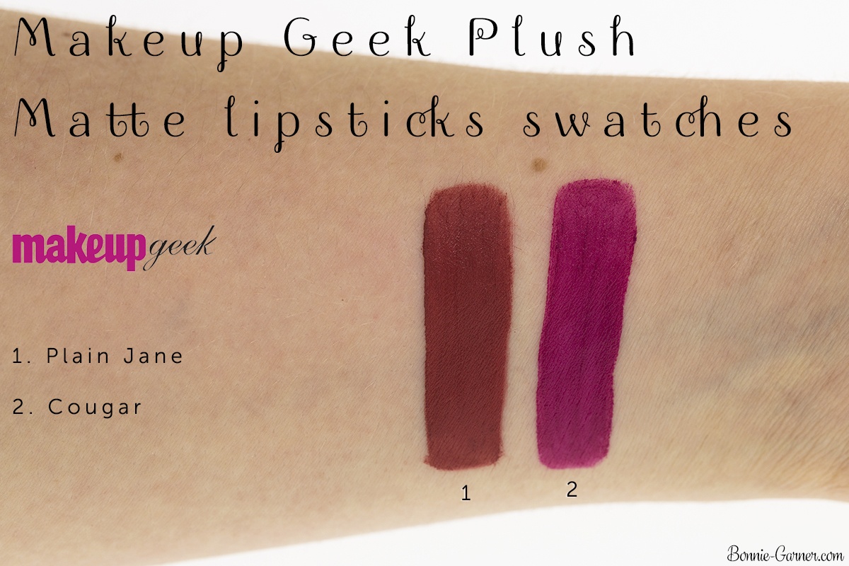 Makeup Geek Plush Matte liquid lipsticks Plain Jane, Cougar swatches