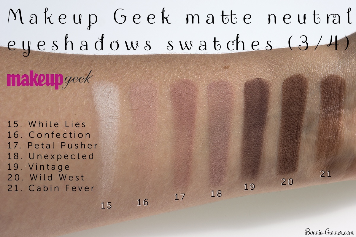 Makeup Geek neutral matte eyeshadows: White Lies, Confection, Petal Pusher, Unexpected, Vintage, Wild West, Cabin Fever swatches