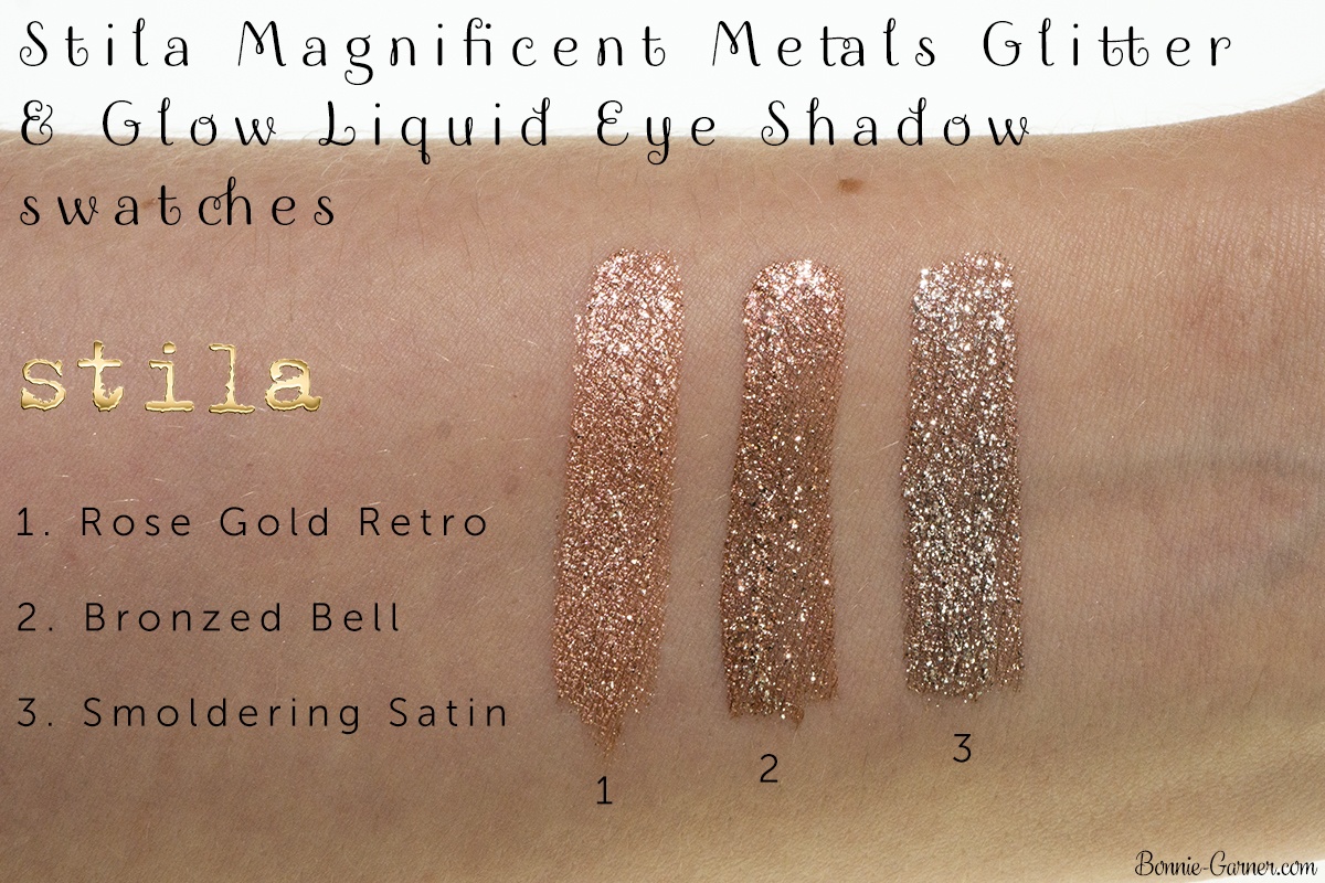 Stila Magnificent Metals Glitter & Glow Liquid Eye Shadow: Rose Gold Retro, Bronzed Bell, Smoldering Satin swatches
