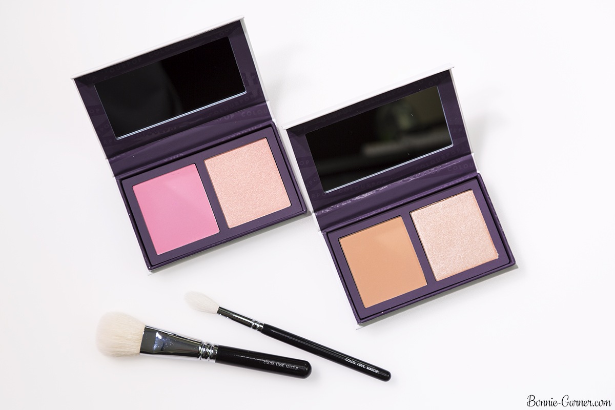 ColourPop Pressed Powder Face Duo blush and highlighter: Double Play (Sand collection), Done Deal (Pink collection)