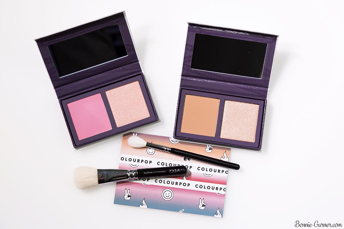 ColourPop Pressed Powder Face Duo blush and highlighter: Double Play (Sand collection), Done Deal (Pink collection)