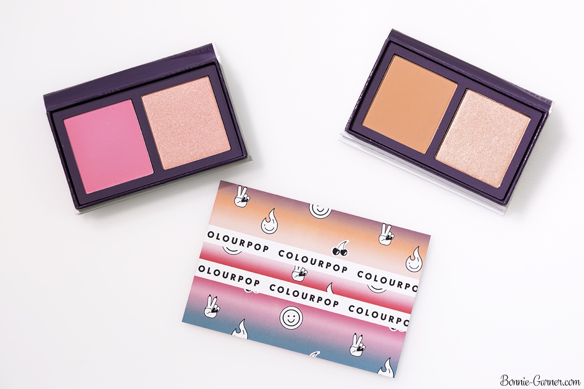 ColourPop Pressed Powder Face Duo blush and highlighter: Double Play (Sand collection), Done Deal (Pink collection)