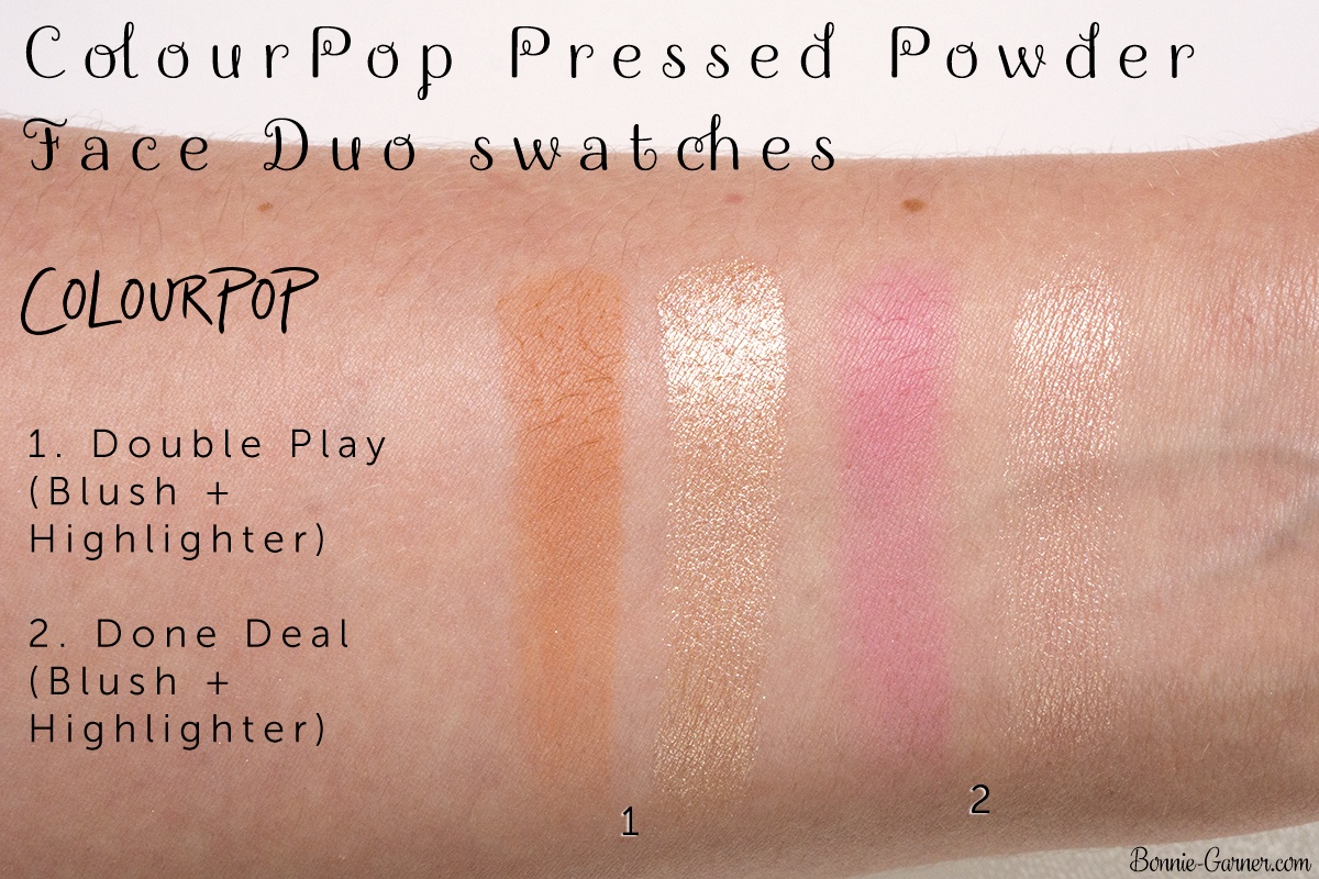 ColourPop Pressed Powder Face Duo blush and highlighter: Double Play (Sand collection), Done Deal (Pink collection) swatches