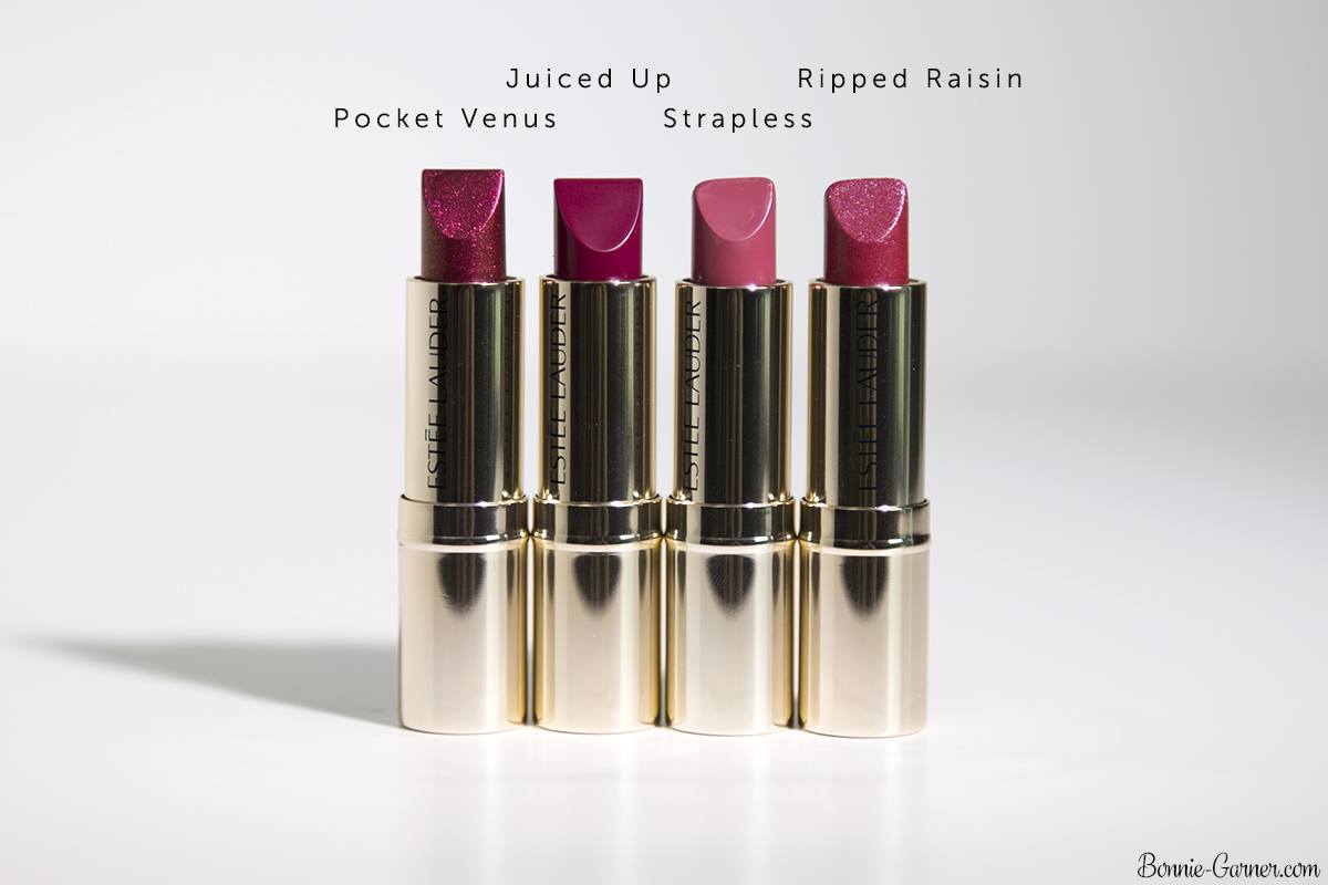 Estée Lauder Pure Color Love lipsticks: 130 Strapless, 230 Juiced Up, 460 Ripped Raisin, 370 Pocket Venus