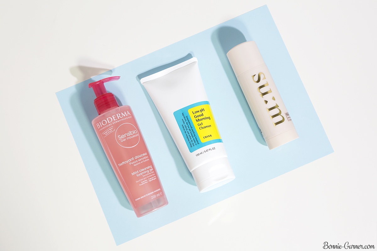 Bioderma Sensibio Mild cleansing foaming gel, Cosrx Low pH Good Morning gel cleanser, Su:m37 Rose Miracle Cleansing Stick