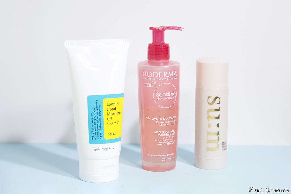 Bioderma Sensibio Mild cleansing foaming gel, Cosrx Low pH Good Morning gel cleanser, Su:m37 Rose Miracle Cleansing Stick