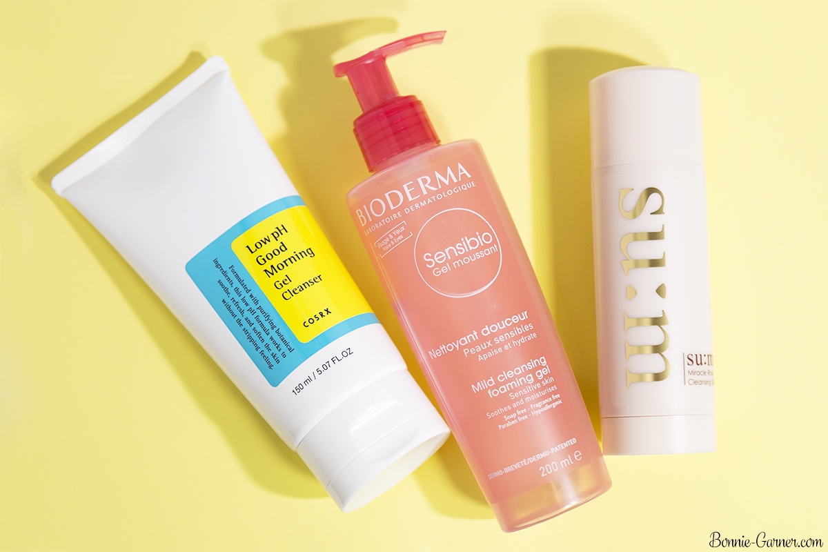 Bioderma Sensibio Mild cleansing foaming gel, Cosrx Low pH Good Morning gel cleanser, Su:m37 Rose Miracle Cleansing Stick