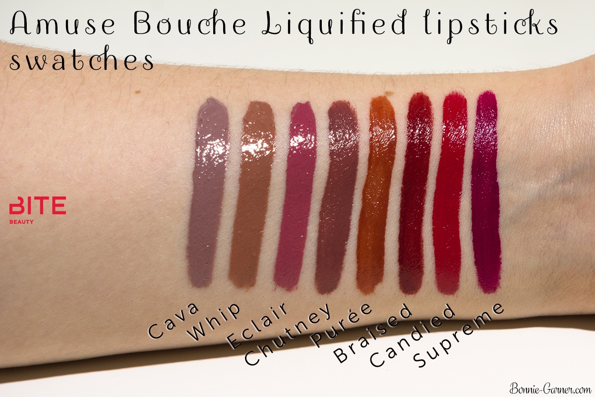 Bite Beauty Amuse Bouche Liquified lipsticks: Cava, Whip, Eclair, Chutney, Purée, Braised, Candied, Supreme swatches